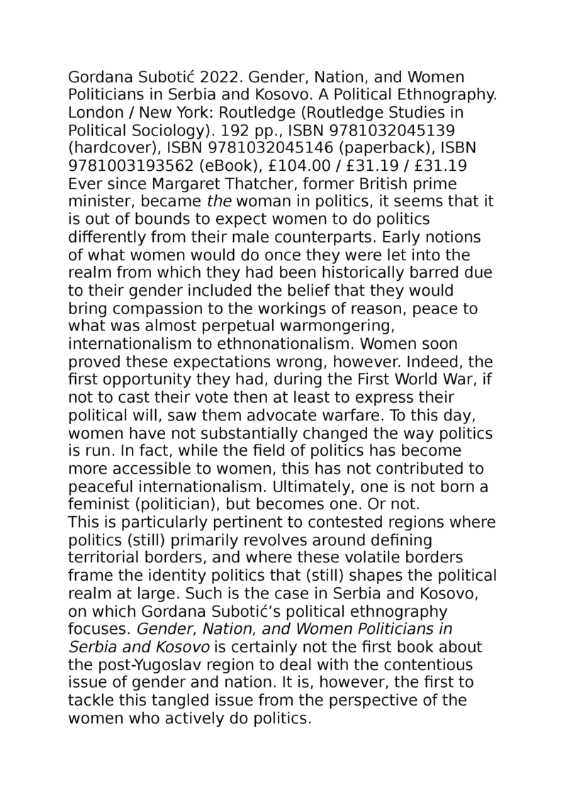 Open gallery for Gender, Nation, and Women Politicians in Serbia and Kosovo