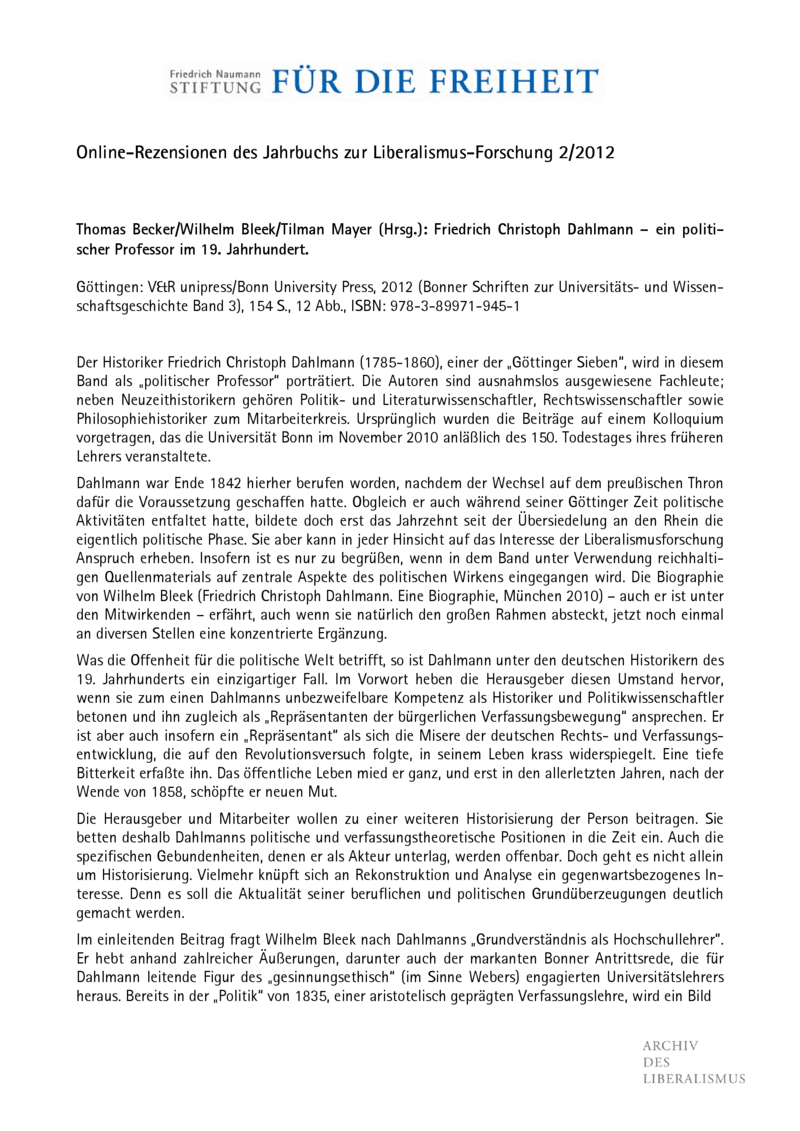 Open gallery for Friedrich Christoph Dahlmann – ein politischer Professor im 19. Jahrhundert