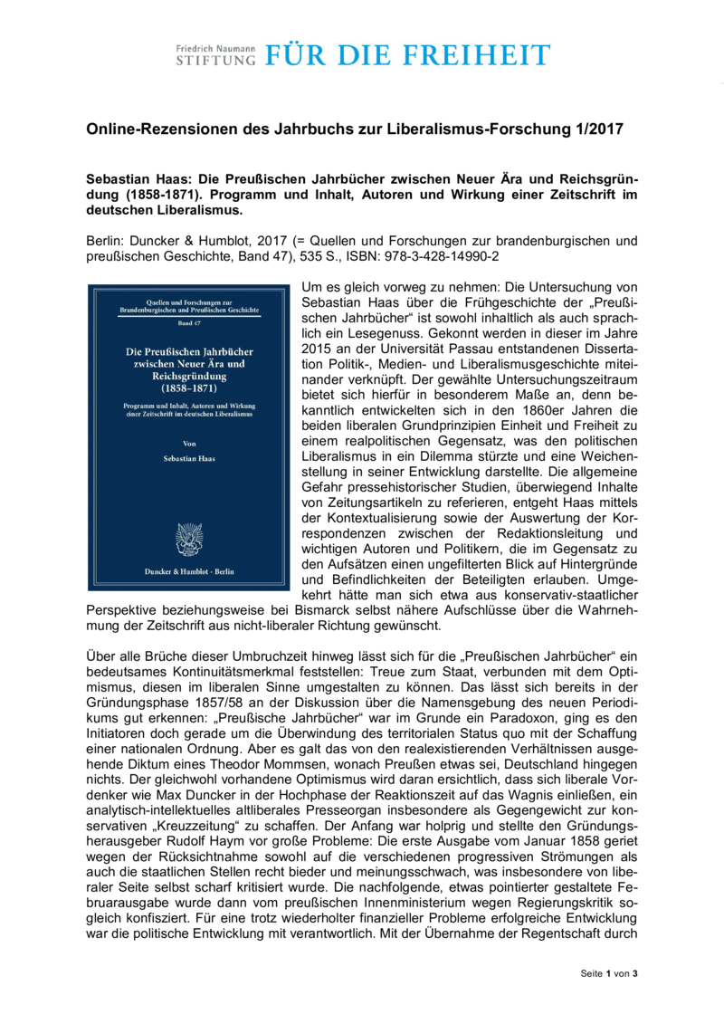 Open gallery for Die Preußischen Jahrbücher zwischen Neuer Ära und Reichsgründung (1858–1871)